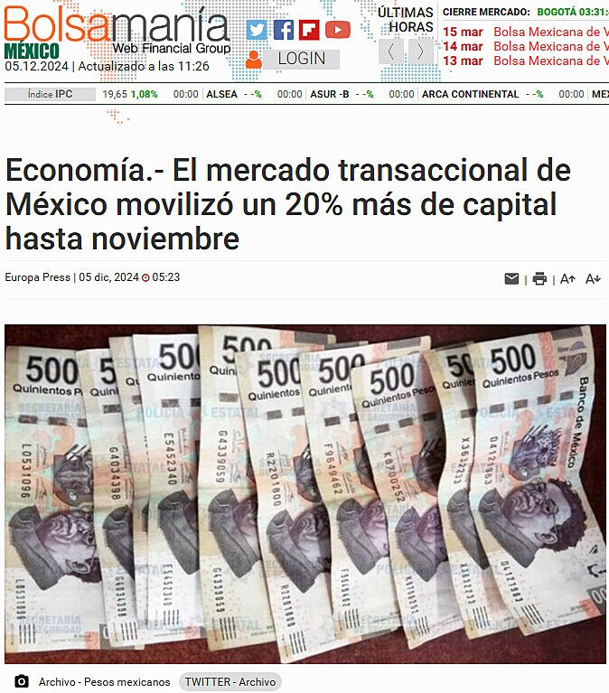 Economa.- El mercado transaccional de Mxico moviliz un 20% ms de capital hasta noviembre